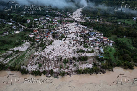 A drone view shows a flooded residential area in Donja Jablanica