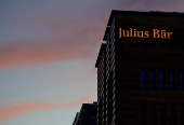 A logo is pictured on Swiss private bank Julius Baer building in Geneva