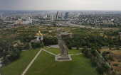 Aerial view shows statue of Mother Homeland at Mamayev Kurgan World War Two memorial complex in Volgograd