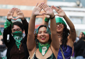 Demonstrators take part in a rally to mark International Safe Abortion Day, in Bogota