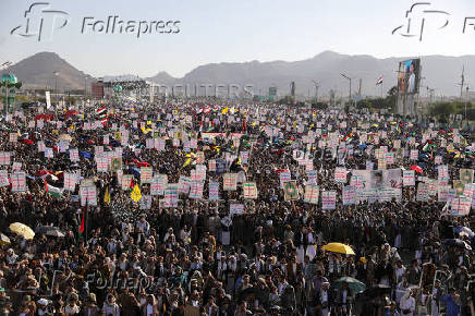 Protesters show support to Lebanon?s Hezbollah and Palestinians in the Gaza Strip, in Sanaa