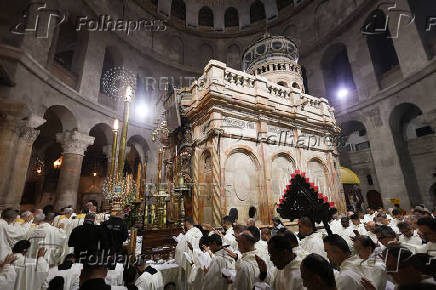 Catholic Washing of the Feet ceremony on Easter Holy Week in the Church of the Holy Sepulchre in Jerusalem's Old City