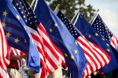 FILE PHOTO: General view of USA and Europe flags