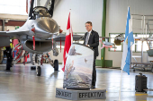 Denmark's Defense Minister Troels Lund Poulsen speaks at a press event at Skrydstrup Airport, where he meets with Argentina's Defense Minister Luis Alfonso Petri, in Jutland