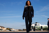 Democratic presidential nominee U.S. Vice President Kamala Harris boards Air Force Two to depart for Michigan