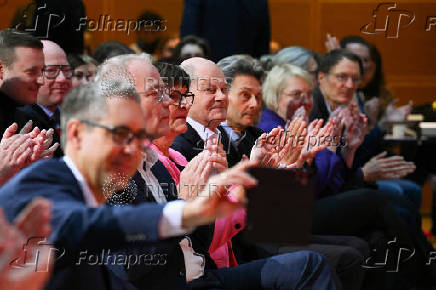 German Chancellor Scholz holds his first campaign speech at an 'election victory' conference of the SPD, in Berlin