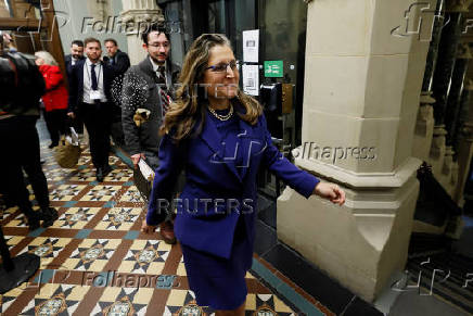 Canada's Deputy Prime Minister and Minister of Finance Chrystia Freeland leaves after a meeting with the Prime Minister on Parliament Hill in Ottawa