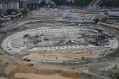 Aerial view of construction site of new Pobeda Arena soccer stadium in Volgograd