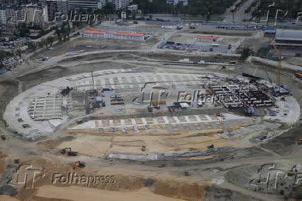 Aerial view of construction site of new Pobeda Arena soccer stadium in Volgograd
