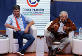 Uruguay's former President Jose Mujica and Paraguayan presidential candidate Efrain Alegre at a campaign event, in Asuncion