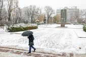 Man with an umbrella walks in a park during a snowfall in Kyiv