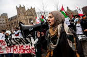 Protest in front of the residence of the University of Michigan's president, in Ann Arbor