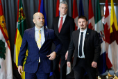 Yukon Premier Ranj Pillai, Northwest Territories Premier R.J. Simpson, and Nunavut Premier P.J. Akeeagok arrive to speaks to journalists before a meeting with federal, provincial and territorial leaders at the Canadian War Museum in Ottawa