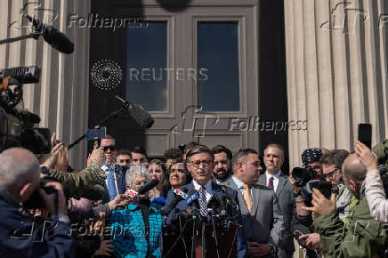 Speaker of the U.S. House of Representatives Mike Johnson attends a news conference at Columbia University in response to Demonstrators protesting in support of Palestinians in New York