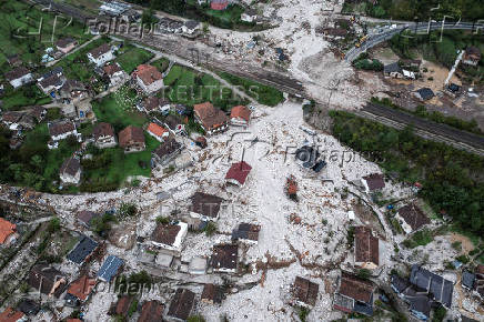 A drone view shows a flooded residential area in Donja Jablanica