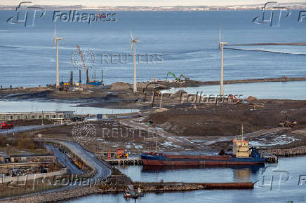 The construction of Lynetteholmen, a planned artificial peninsula, is seen from Copenhill in Copenhagen