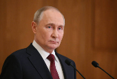 Russian President Putin attends a press conference in Astana