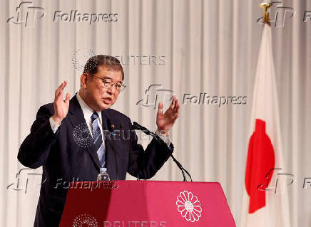 FILE PHOTO: Shigeru Ishiba, the newly elected leader of Japan's ruling party, the Liberal Democratic Party (LDP) holds a press conference after the LDP leadership election, in Tokyo,