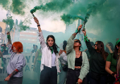 Demonstrators take part in a rally to mark International Safe Abortion Day, in Bogota