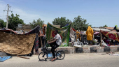 People take refuge along an expressway after relief camps reached maximum capacity in Maiduguri