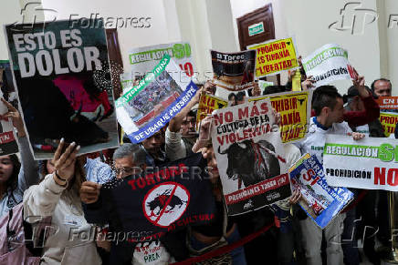 Activists protest against bullfighting during a debate at the Colombian congress in Bogota