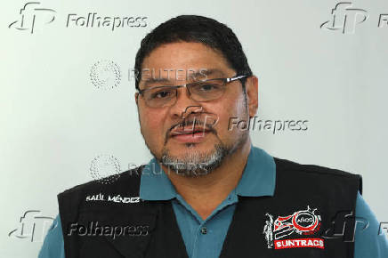 Panamanian general secretary of the SUNTRACS Saul Mendez poses for a photo, in Panama City