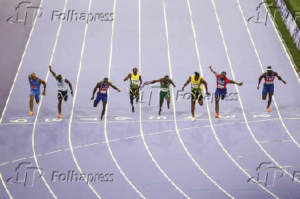 Final masculina de 100m no atletismo, nas Olimpadas de Paris 2024