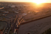 Trucks queue to cross into the United States at Zaragoza-Ysleta border crossing, in Ciudad Juarez