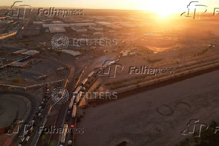 Trucks queue to cross into the United States at Zaragoza-Ysleta border crossing, in Ciudad Juarez