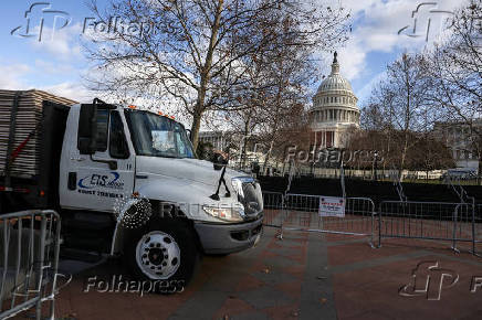 Security fencing encircles the US Capitol building in Washington