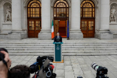 Taoiseach (Prime Minister) Simon Harris makes a statement at Government Buildings calling a General Election, in Dublin