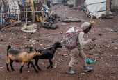 Internally displaced civilians from the camps in Munigi and Kibati, carry their belongings as they flee to Goma