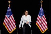 Democratic presidential nominee and U.S. Vice President Kamala Harris delivers remarks at a campaign rally in Savannah