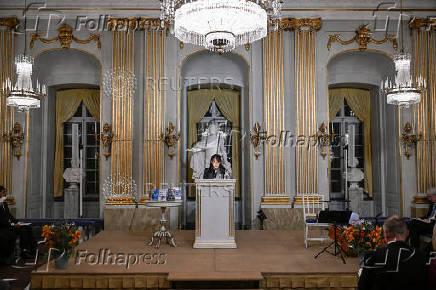 Nobel laureate in literature Han Kang speaks during this year's Nobel Prize lecture in literature at the Swedish Academy, in Stockholm