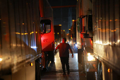 Trucks queue to cross into the United States at Zaragoza-Ysleta border crossing