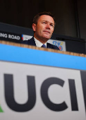 UCI President Lappartient attends a press conference in Zurich