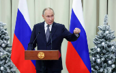 Russian President Putin attends a press conference in Leningrad region