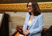 Incoming U.S. Representative Sarah McBride (D-DE), the first transgender member of Congress, wears her new Congressional pin, in Washington