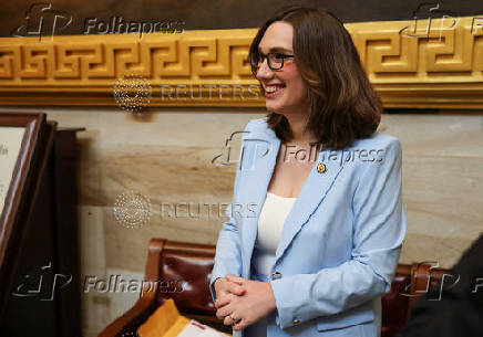 Incoming U.S. Representative Sarah McBride (D-DE), the first transgender member of Congress, wears her new Congressional pin, in Washington