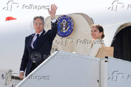 FILE PHOTO: U.S. Secretary of State Blinken boards a plane at the U.S. Naval Support Activity base in Naples