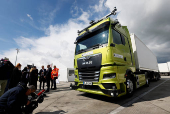 A view of an autonomous MAN truck parked after its first public drive on the A9 motorway near Munich