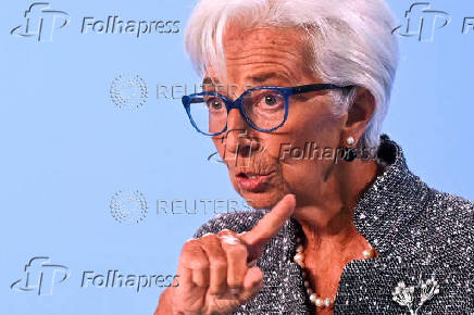 FILE PHOTO: ECB President Lagarde speaks to reporters following the Governing Council's monetary policy meeting, in Frankfurt