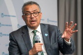 WHO Director-General Tedros Adhanom Ghebreyesus speaks during an event during the IMF Spring meetings  in Washington