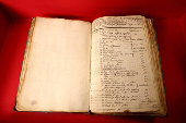 The logbook from Captain Cook with reference to the Gweagal Spears is displayed at Trinity College Cambridge