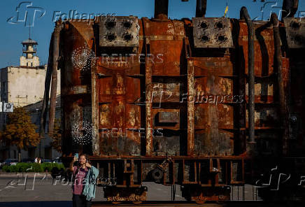 Installation with a power transformer, damaged by a Russian military strike, is seen in the city center in Kyiv