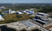 The Blue Origin manufacturing facility is shown in an aerial view at the Kennedy Space Center