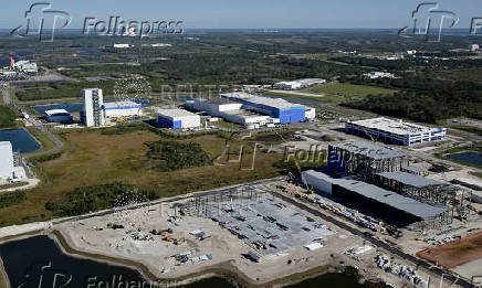 The Blue Origin manufacturing facility is shown in an aerial view at the Kennedy Space Center