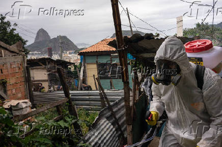 Moradores higienizam ruas da favela Santa Marta, no Rio