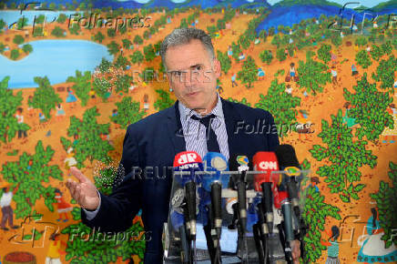 Uruguay's President-elect, Yamandu Orsi, speaks to media after meeting with Lula in Brasilia