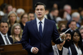 Canada's Conservative Party of Canada leader Pierre Poilievre speaks during Question Period in the House of Commons on Parliament Hill in Ottawa